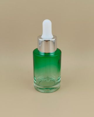 Nuevo Diseño Transparente Cambio Gradual Verde Oscuro Suave Botella Redonda con Cuentagotas K-GBL30 para Esencia