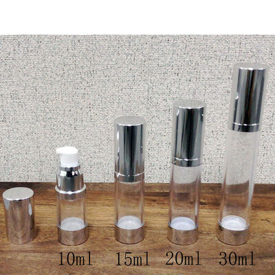 Botella cilíndrica de 10 ml 15 ml 20 ml 30 m de plata PP de plástico sin aire con botella de bomba de loción popular