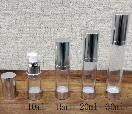 Botella de bomba de plástico sin aire de plata de PP cilíndrica con botella de bomba de loción popular de 5ml 15ml 20ml 30ml