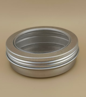 Estuche grande de aluminio plateado con tapa de rosca transparente para cosméticos